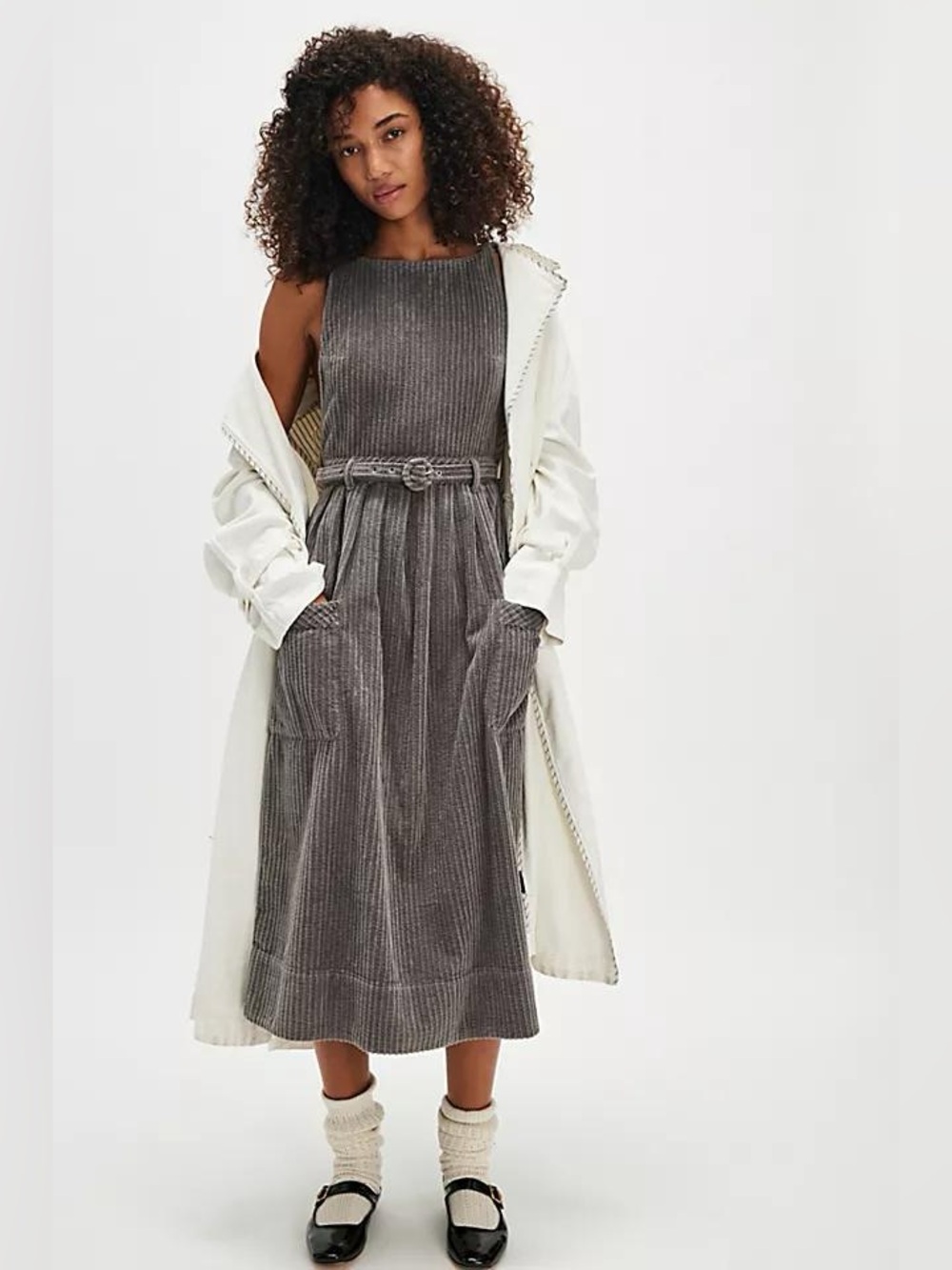 Free People The Other Side gray corduroy stripe midi dress size 4 fits S/M